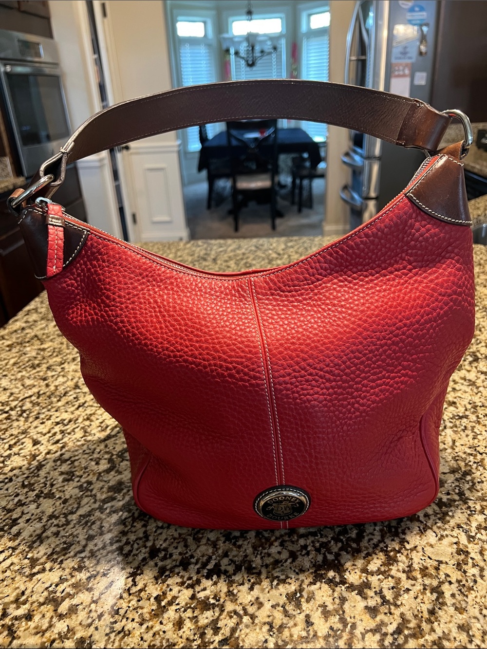 Dooney & Bourke Red Pebbled Leather Shoulder Hobo with Brown Trim EUC